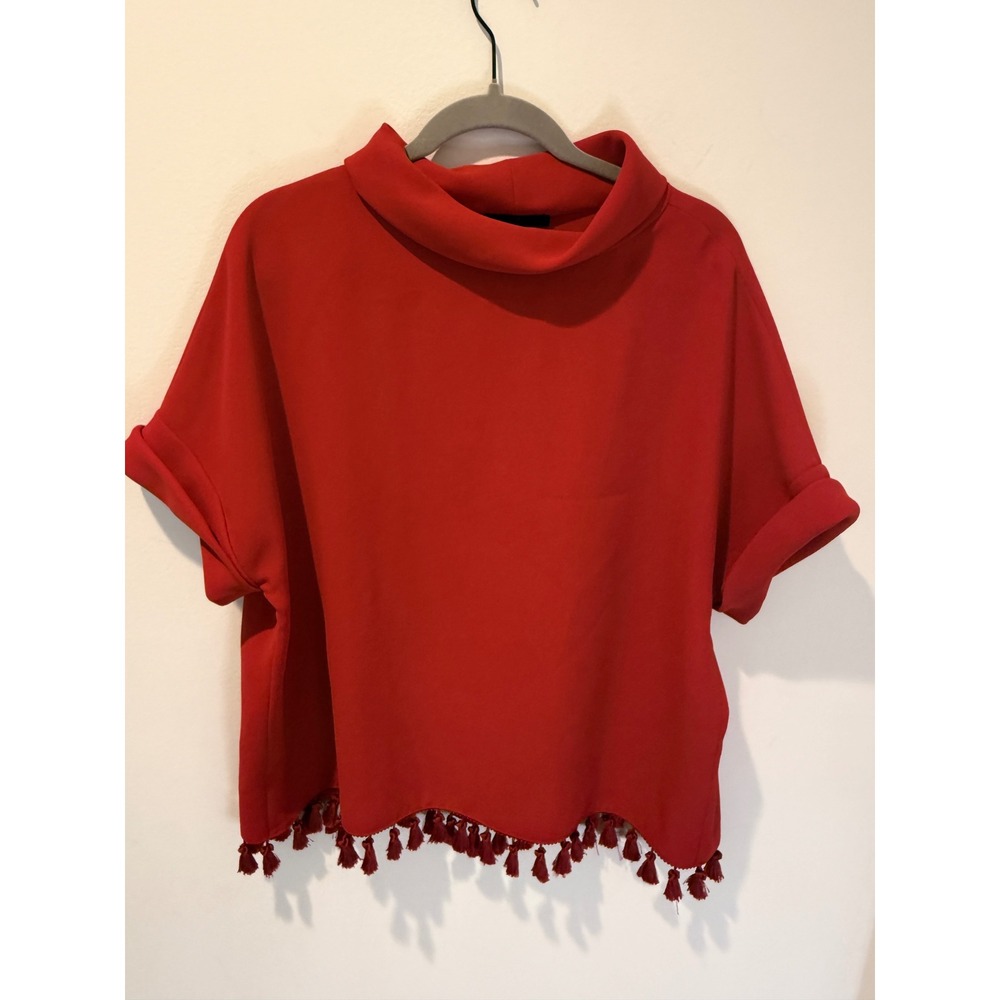 Carolina Herrera Red Tassel Trim Cowl Neck Oversized Cape Top
